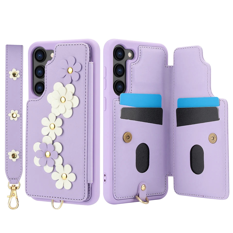 Crossbody Leather Rope Wallet Wrist Strap Phone Case for Samsung S25 S24 Plus S23 FE S22 Ultra A55 A54 A53 A35 A34 A15 A13 Cover