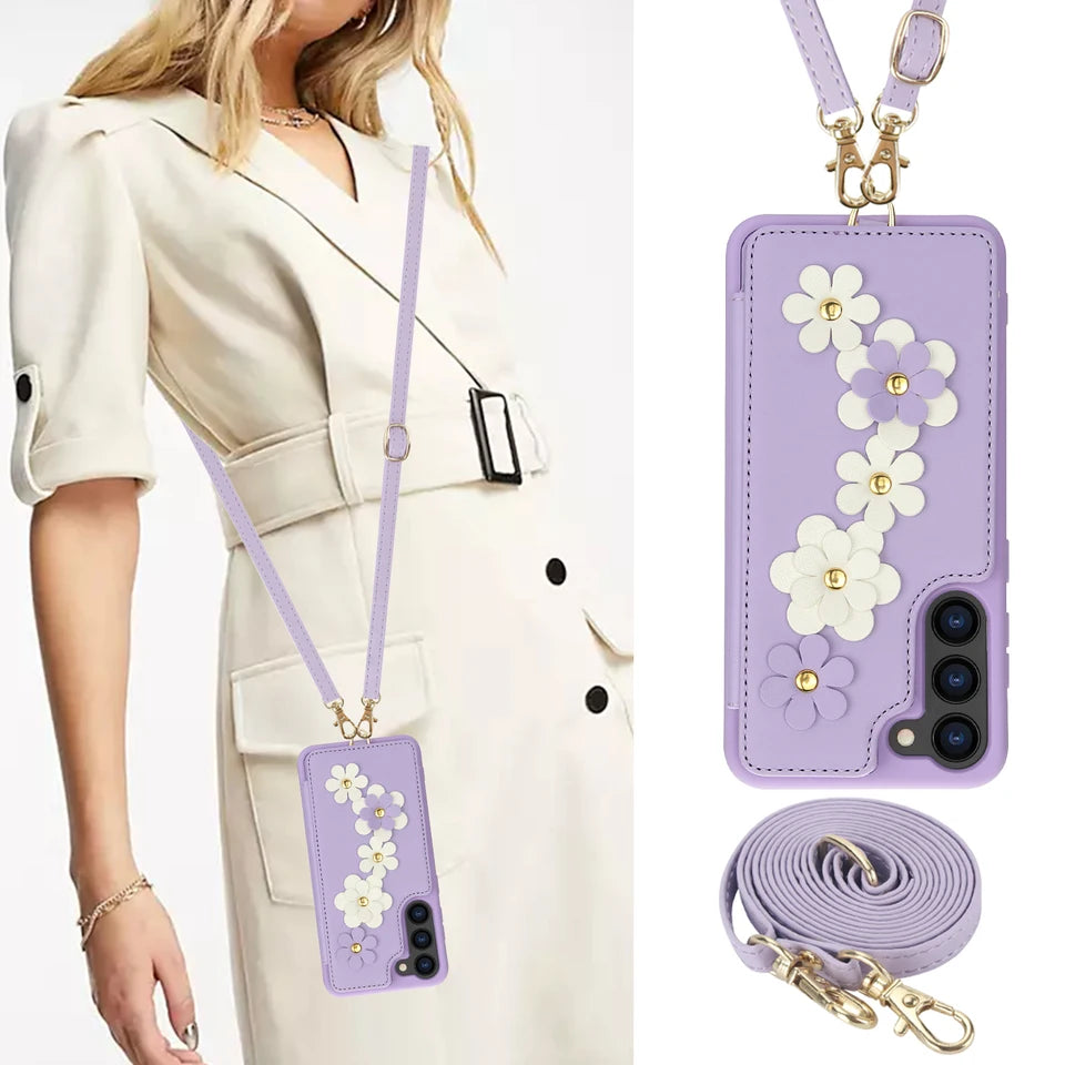 Crossbody Leather Rope Wallet Wrist Strap Phone Case for Samsung S25 S24 Plus S23 FE S22 Ultra A55 A54 A53 A35 A34 A15 A13 Cover