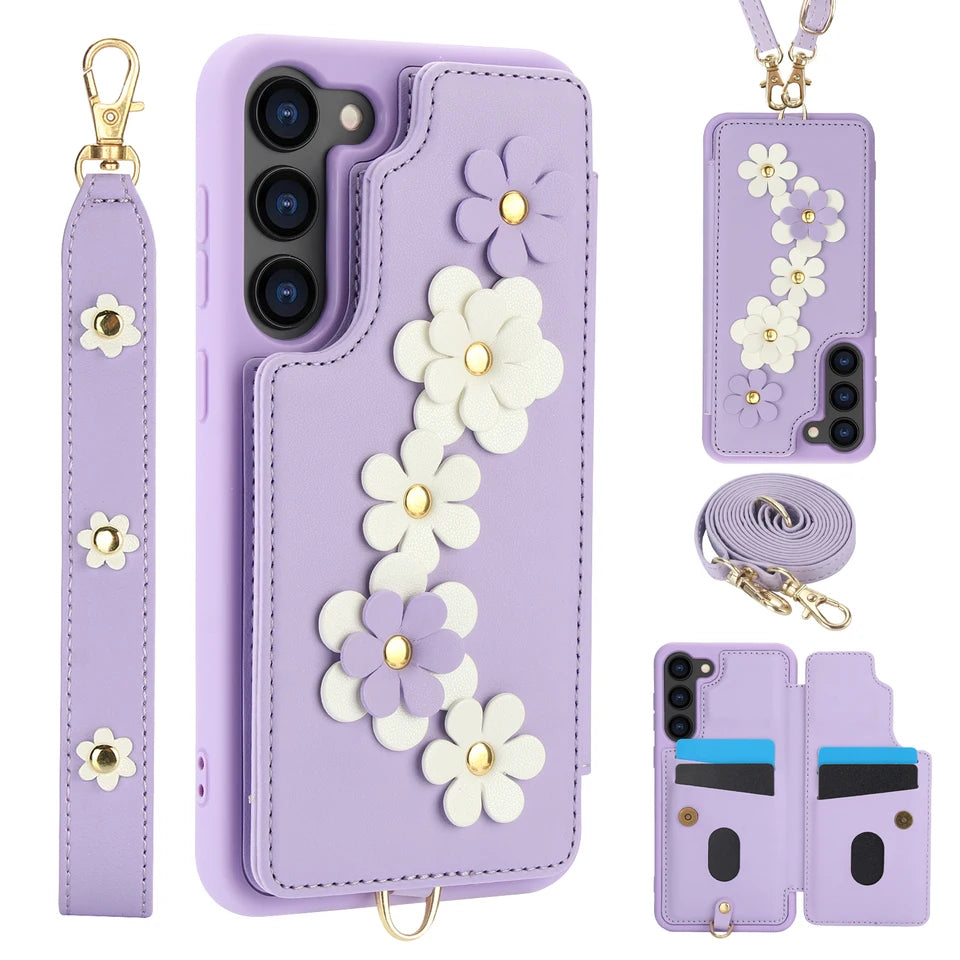 Crossbody Leather Rope Wallet Wrist Strap Phone Case for Samsung S25 S24 Plus S23 FE S22 Ultra A55 A54 A53 A35 A34 A15 A13 Cover